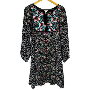 Sundance Black Floral Long Sleeve Boho Dress with Pink & Teal Accents